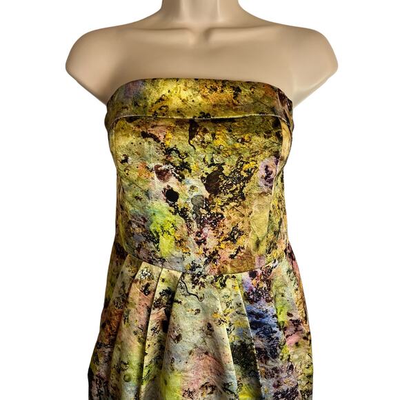 McGinn Womens Cocktail Dress Green Satin Strapless Watercolor 6 Pockets Pleated - Picture 2 of 11